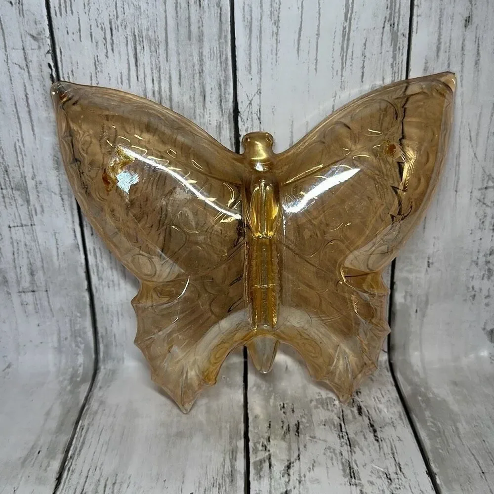 Jeanette Glass Dish Vintage Butterfly Amber Nut Candy Relish Divided Collectible